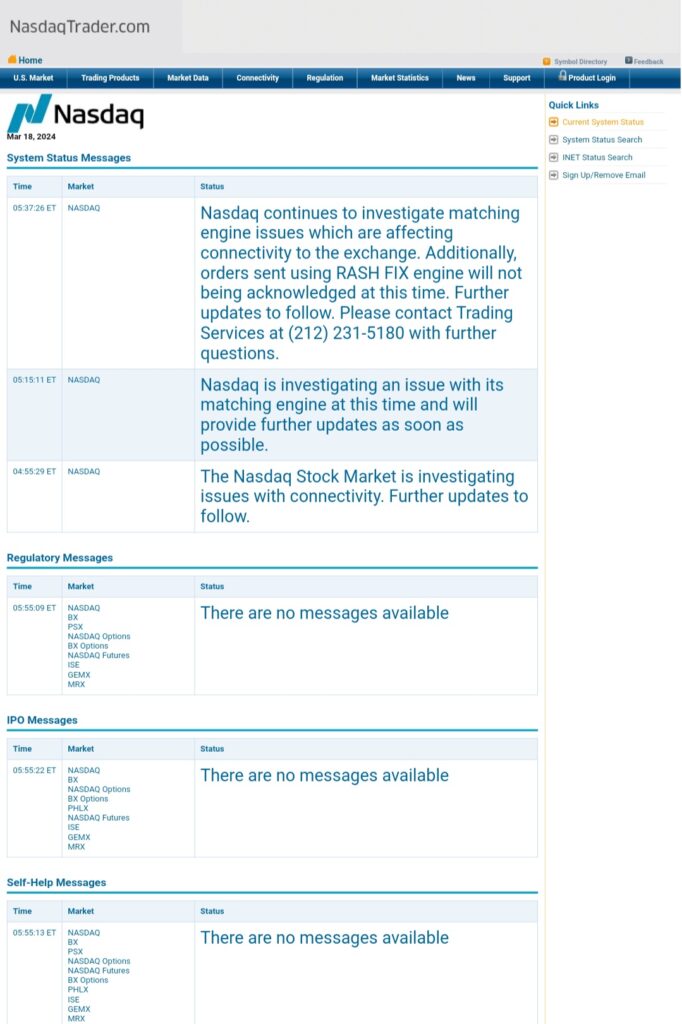 Nasdaq Investigating Connectivity Issues and Matching Engine Problems