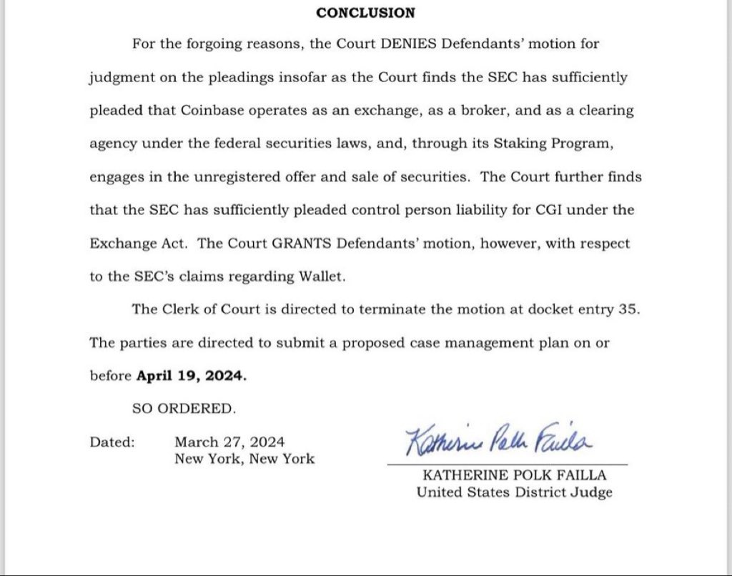 Court Allows SEC Lawsuit Against Coinbase to Proceed