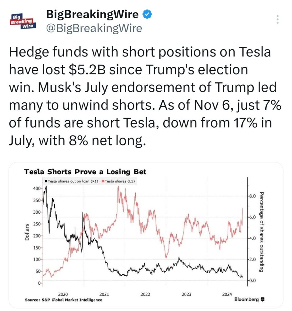 Wedbush Raises Tesla Price Target to $400 as Hedge Funds Bet on Banks and Short Renewable Energy Amid Trump Election Win