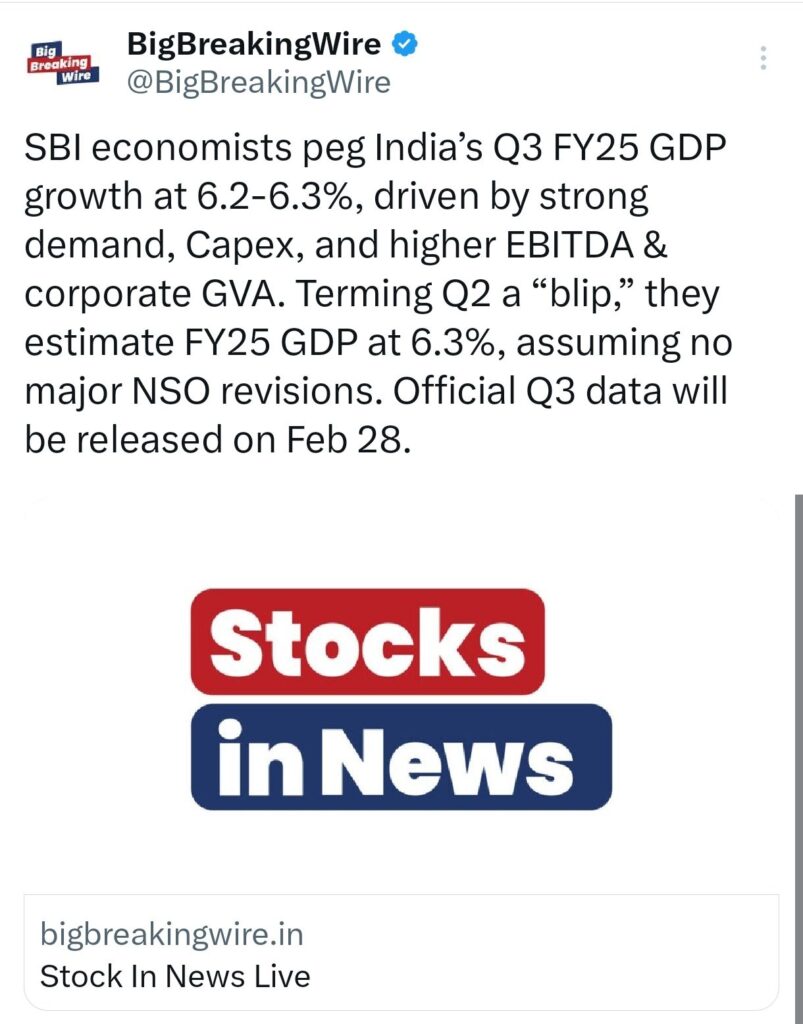 India’s Economy Expected to Grow 6.2%-6.3% in Q3 FY25: SBI Research