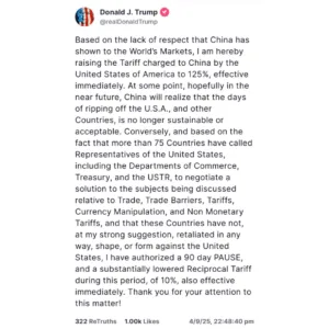 Trump Slaps 125% Tariff on China, Pauses Others for 90 Days