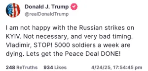 Trump Slams Russian Strikes on Kyiv, Urges Putin to Stop and Push for Peace