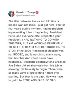 Trump Blames Biden for Ukraine War, Vows to Stop It “Fast”