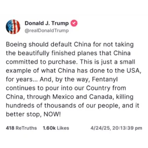 Trump Blames China Over Boeing Deal, Fentanyl Crisis