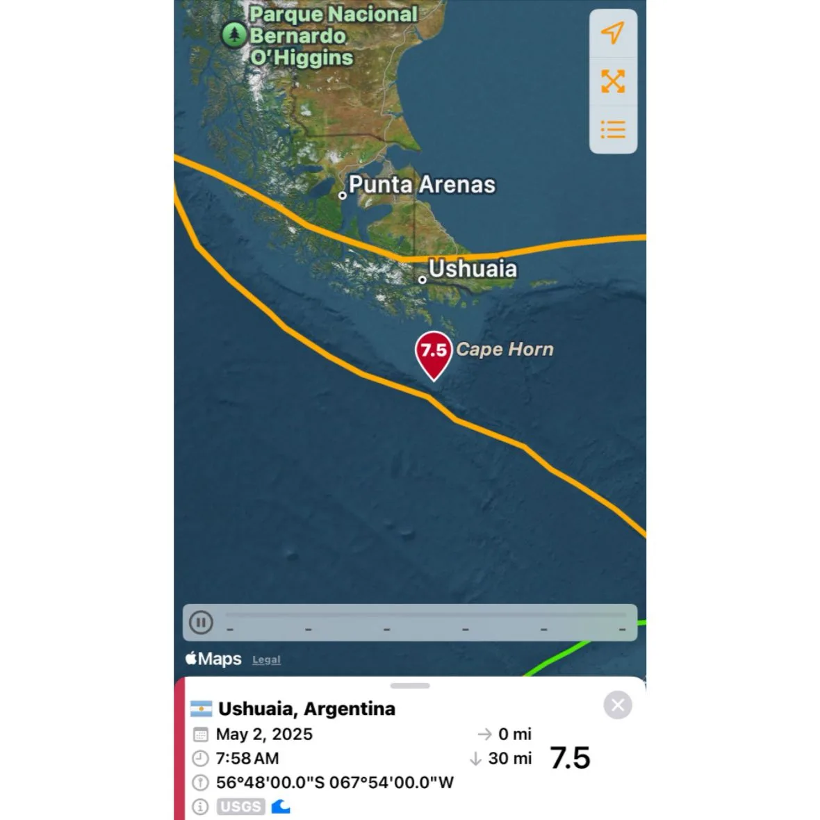 Powerful Earthquake Strikes Near Cape Horn, South of Ushuaia, Argentina