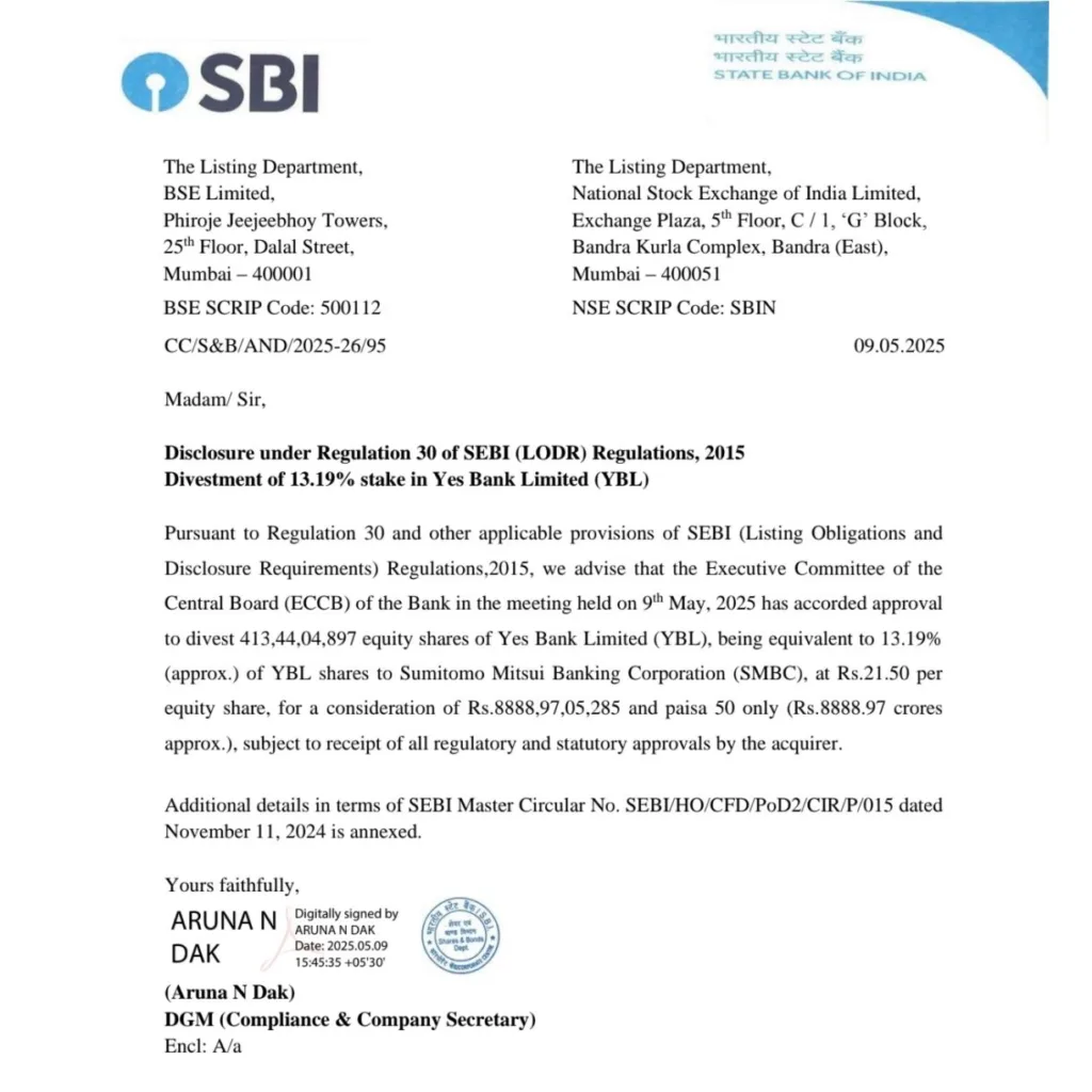 SBI to Sell 13.19% Stake in Yes Bank to Japan’s SMBC for Rs 8,889 Crore