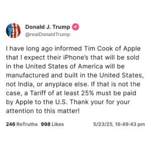 Trump Warns Apple Over iPhone Manufacturing in India; Apple Moves Ahead with $1.5 Billion Investment