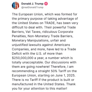 Trump Proposes 50% Tariff on EU Imports Starting June 1, 2025