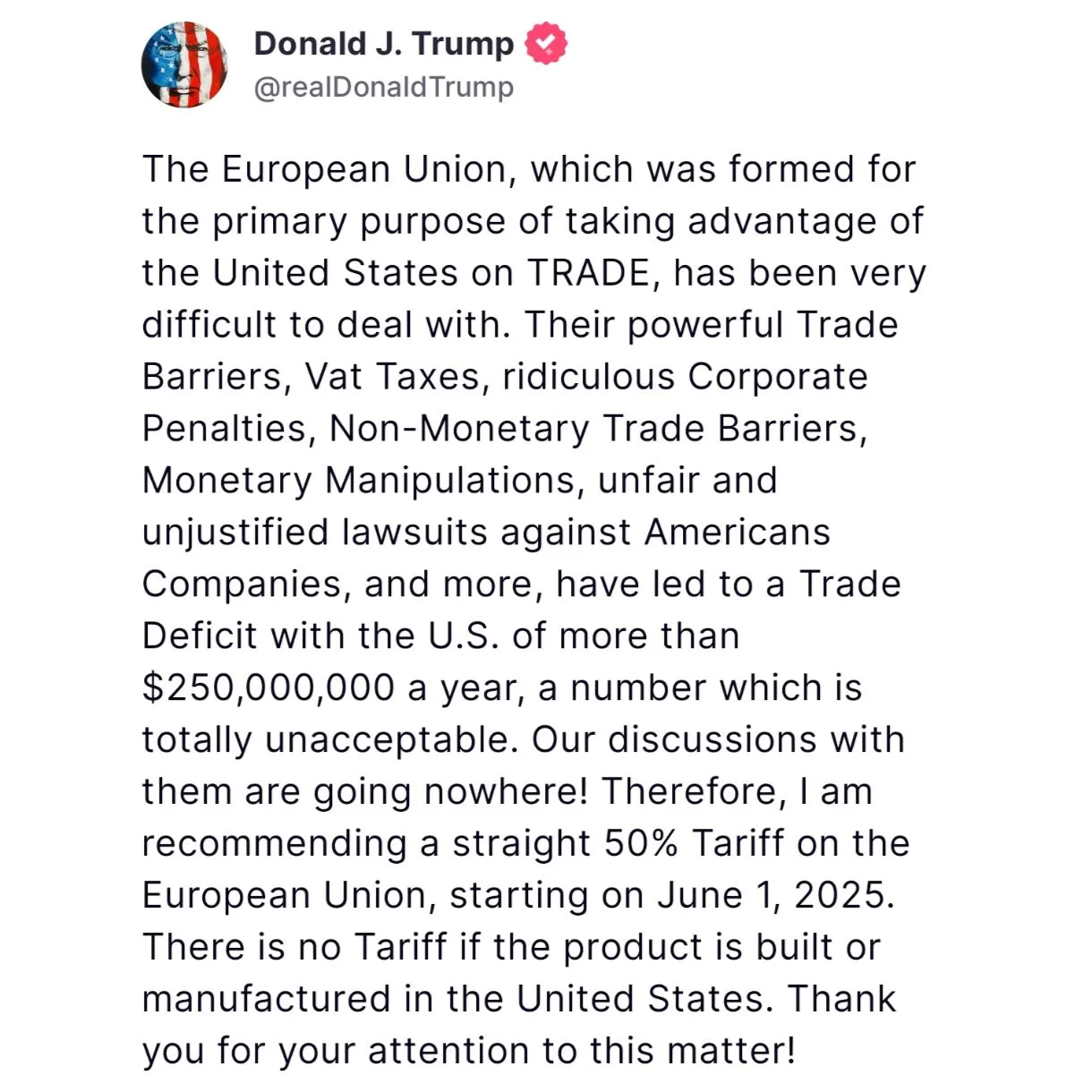 Trump Proposes 50% Tariff on EU Imports Starting June 1, 2025