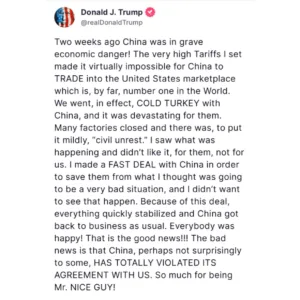 Trump Claims China Broke Trade Deal After U.S. Helped Stabilize Its Economy