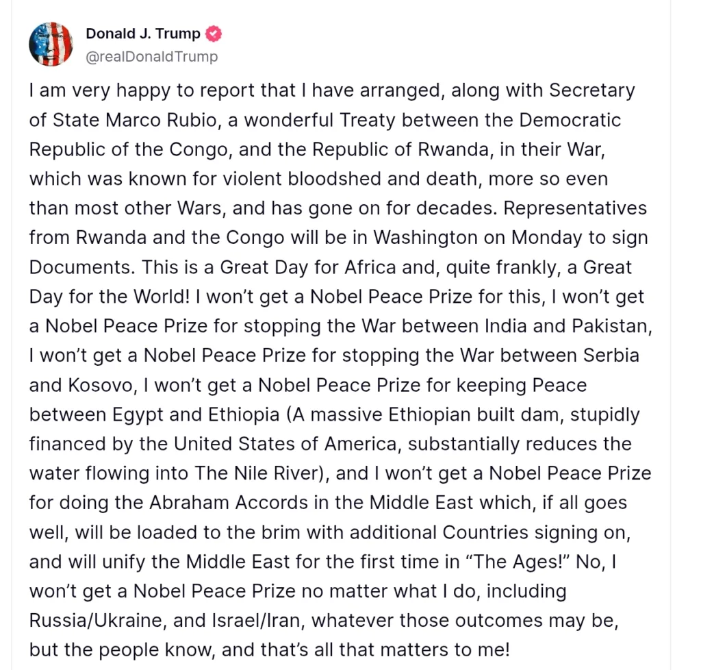 President Trump Brokers Rwanda-Congo Peace Treaty, Says He Deserves Nobel Prize for Global Peace Efforts President Trump Brokers Rwanda-Congo Peace Treaty, Says He Deserves Nobel Prize for Global Peace Efforts