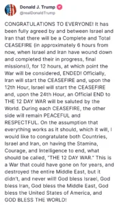Donald Trump Says Iran-Israel Ceasefire Agreed, War to End in 24 Hours