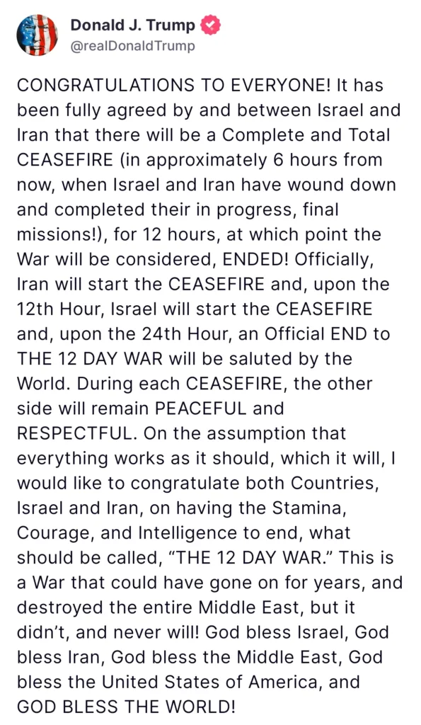 Donald Trump Says Iran-Israel Ceasefire Agreed, War to End in 24 Hours