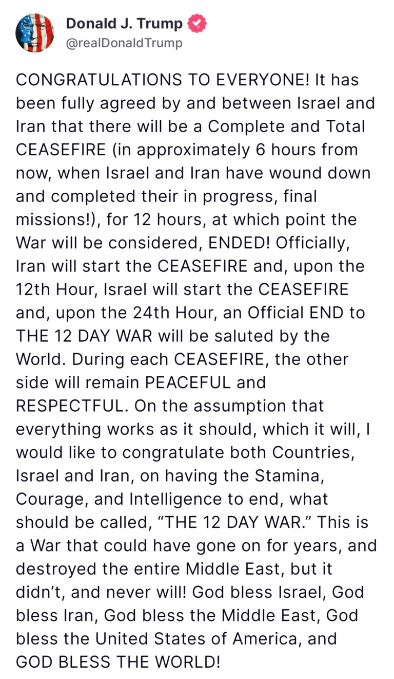 Donald Trump Says Iran-Israel Ceasefire Agreed, War to End in 24 Hours
