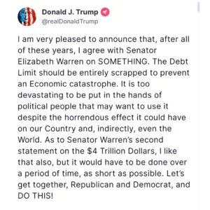 President Trump Backs Scrapping U.S. Debt Limit, Aligns with Senator Elizabeth Warren