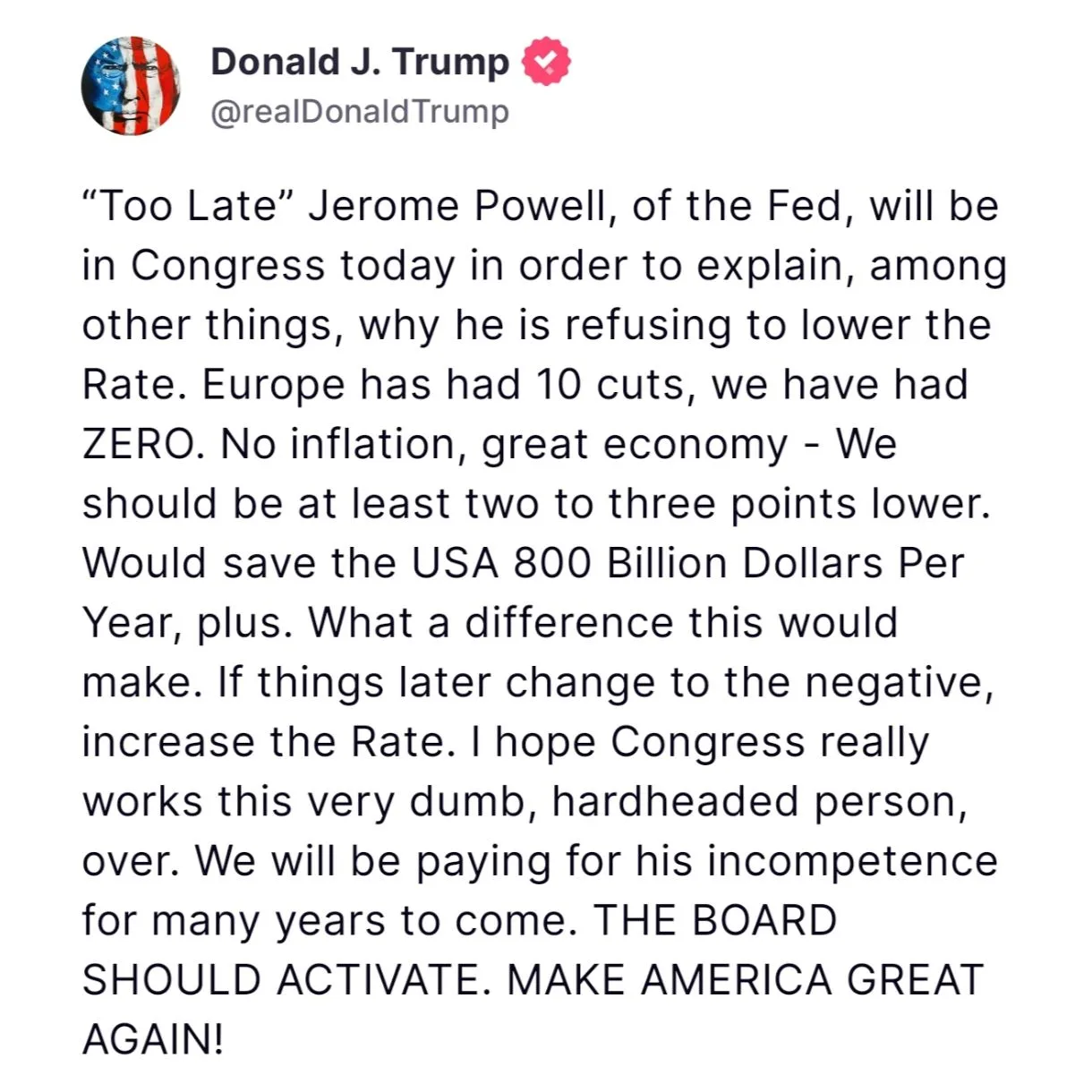 Trump Slams Fed Chair Powell, Demands Immediate Rate Cuts