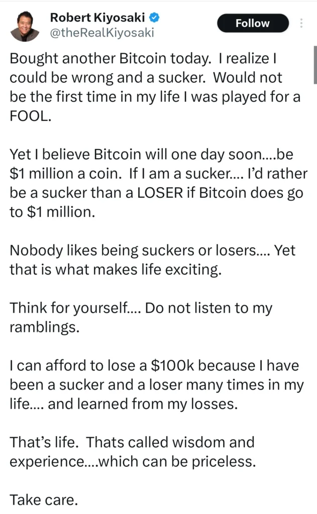 Robert Kiyosaki Buys More Bitcoin, Predicts Price Will Hit $1 Million Robert Kiyosaki Buys More Bitcoin, Predicts Price Will Hit $1 Million