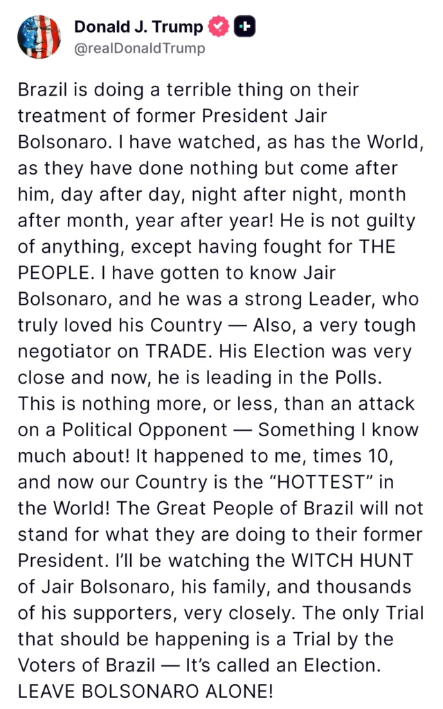 President Donald Trump Defends Jair Bolsonaro, Calls Brazil’s Actions a “Witch Hunt” President Donald Trump Defends Jair Bolsonaro, Calls Brazil’s Actions a “Witch Hunt”