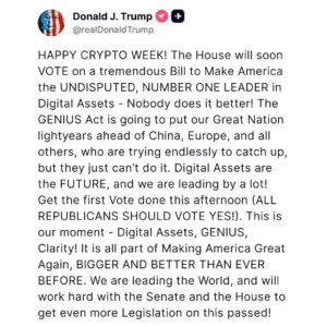 President Trump Supports New Crypto Bill to Make America Global Leader in Digital Assets
