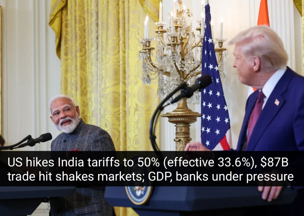 US hikes India tariffs to 50% (effective 33.6%), $87B trade hit shakes markets; GDP, banks under pressure