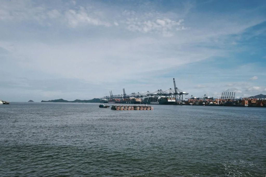 scenic port view with cranes and water
