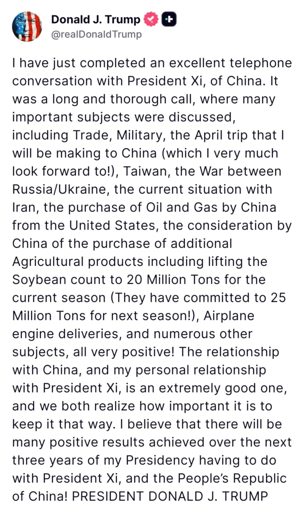 Trump Says Phone Call With China’s President Xi Covered Trade, Taiwan, Energy and Agriculture 2 Your Pulse on Stocks, Finance, Markets & the Global Economy 1000178202 BigBreakingWire