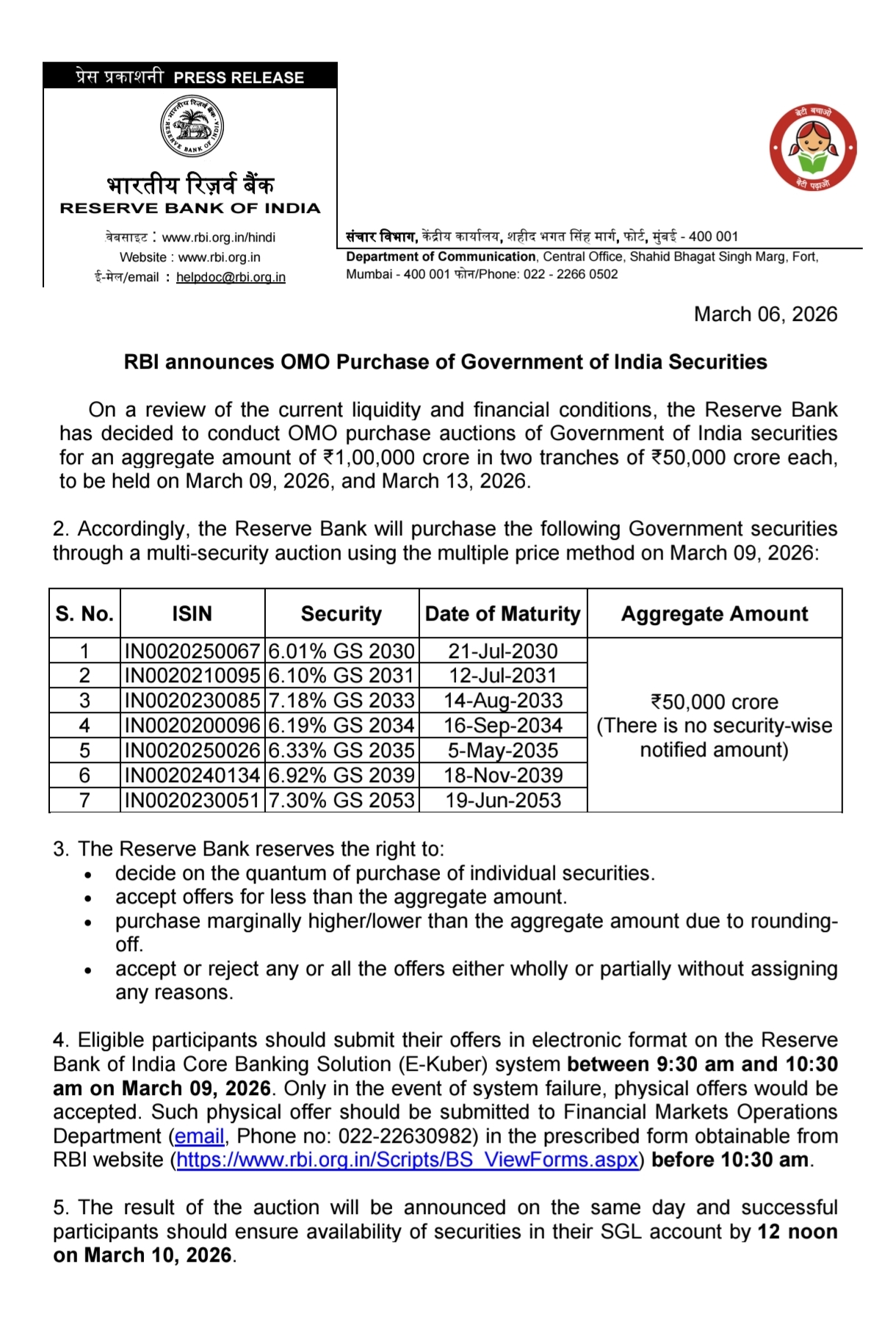 RBI Announces Rs 1 Lakh Crore OMO Bond Purchase