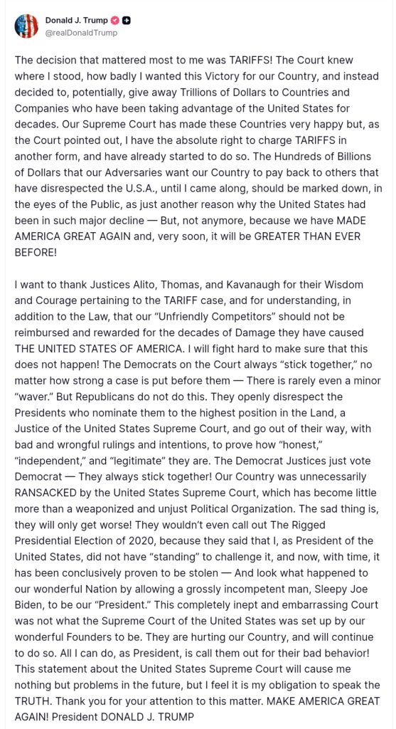 Trump Attacks Supreme Court Tariff Ruling and Fed Chair 2 Your Pulse on Stocks, Finance, Markets & the Global Economy Trump post on Truth Social