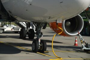 close up of airplane landing gear at geneva airport
